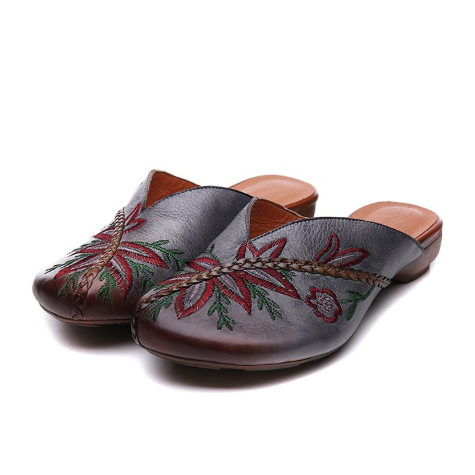 Handmade Women'S Slippers Leather Hollow Flowers Flats Loafers Grey/Camel