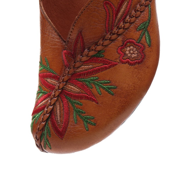 Handmade Women'S Slippers Leather Hollow Flowers Flats Loafers Grey/Camel