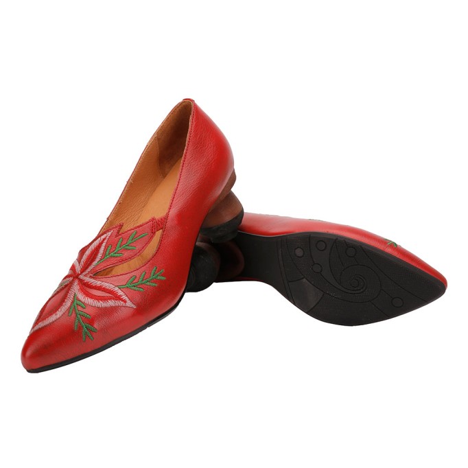 Retro Style Embroidery Pointed-Toe Pumps For Women Chunky Heel Designer Shoes Red/Camel