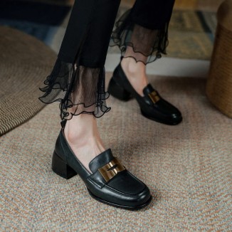 Women's Handmade Retro Square-Toe Block-Heel Loafers in Black/Coffee