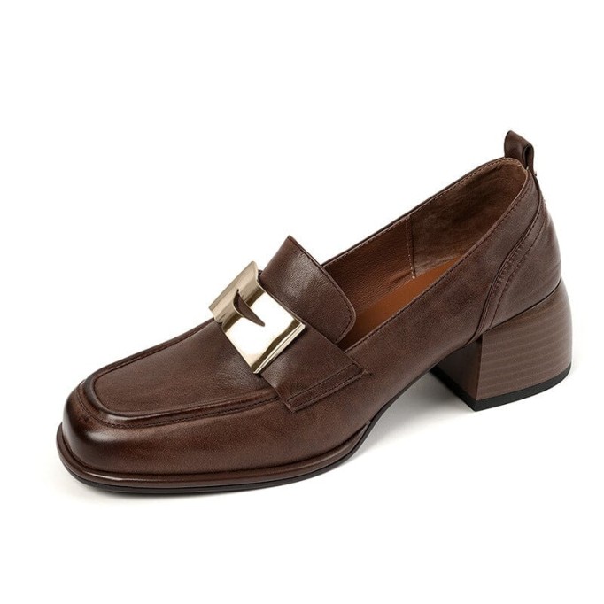Women's Handmade Retro Square-Toe Block-Heel Loafers in Black/Coffee
