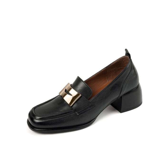 Women's Handmade Retro Square-Toe Block-Heel Loafers in Black/Coffee