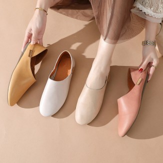 Loafers Slides for Women Leather Handmade Round Toe Flat Slippers Casual Slip ons Pink/Beige/Yellow/Apricot