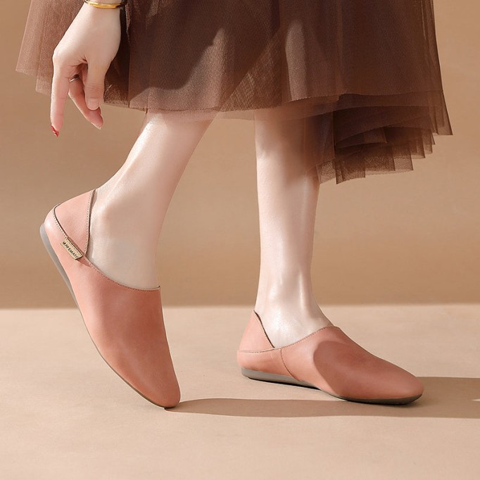 Loafers Slides for Women Leather Handmade Round Toe Flat Slippers Casual Slip ons Pink/Beige/Yellow/Apricot