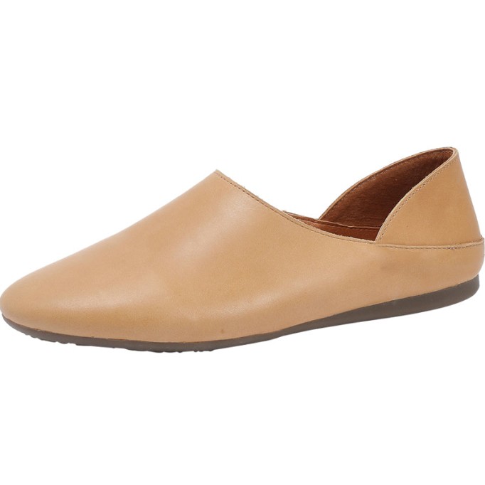 Loafers Slides for Women Leather Handmade Round Toe Flat Slippers Casual Slip ons Pink/Beige/Yellow/Apricot