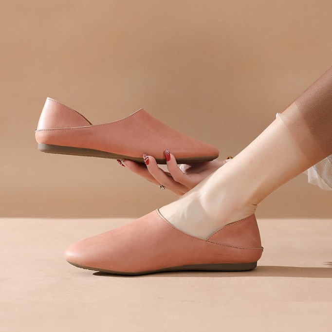 Loafers Slides for Women Leather Handmade Round Toe Flat Slippers Casual Slip ons Pink/Beige/Yellow/Apricot