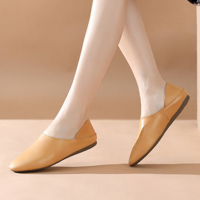 Loafers Slides for Women Leather Handmade Round Toe Flat Slippers Casual Slip ons Pink/Beige/Yellow/Apricot