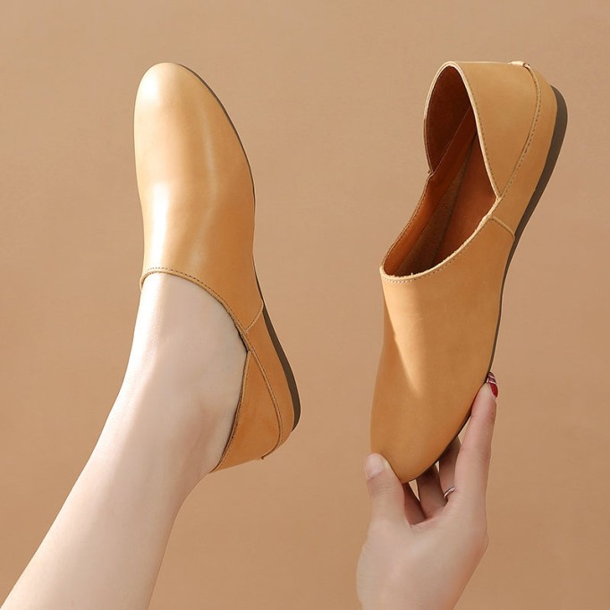 Loafers Slides for Women Leather Handmade Round Toe Flat Slippers Casual Slip ons Pink/Beige/Yellow/Apricot