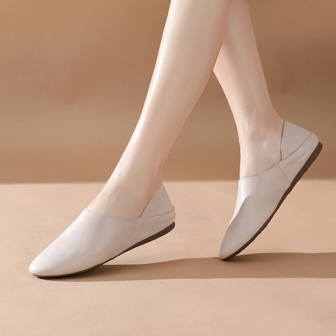 Loafers Slides for Women Leather Handmade Round Toe Flat Slippers Casual Slip ons Pink/Beige/Yellow/Apricot