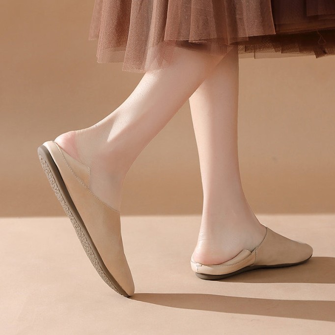 Loafers Slides for Women Leather Handmade Round Toe Flat Slippers Casual Slip ons Pink/Beige/Yellow/Apricot