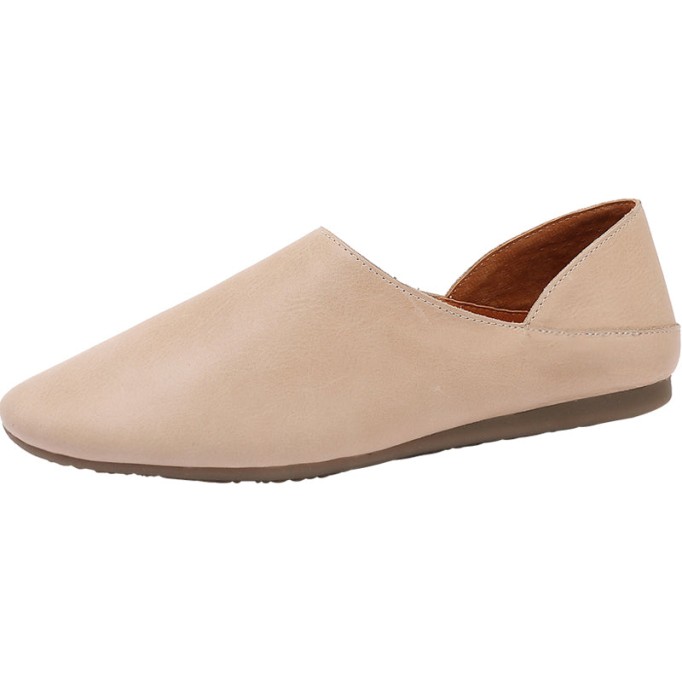 Loafers Slides for Women Leather Handmade Round Toe Flat Slippers Casual Slip ons Pink/Beige/Yellow/Apricot