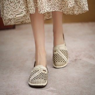 Women's Handmade Retro Leather Loafers Designers Flats Yellow/Green/Beige