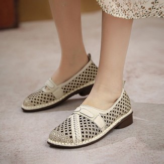 Women's Handmade Retro Leather Loafers Designers Flats Yellow/Green/Beige