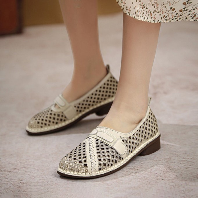 Women's Handmade Retro Leather Loafers Designers Flats Yellow/Green/Beige