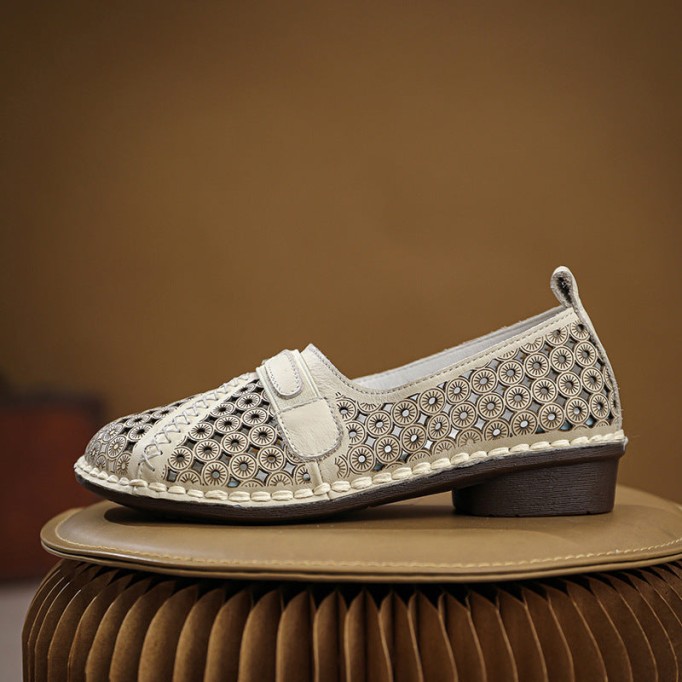 Women's Handmade Retro Leather Loafers Designers Flats Yellow/Green/Beige