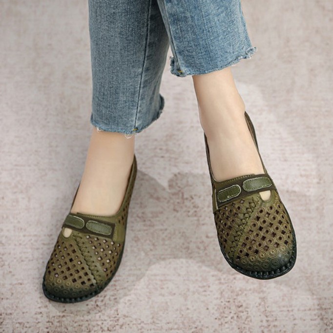 Women's Handmade Retro Leather Loafers Designers Flats Yellow/Green/Beige