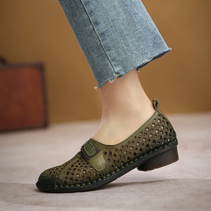 Women's Handmade Retro Leather Loafers Designers Flats Yellow/Green/Beige