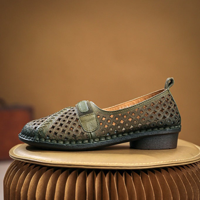 Women's Handmade Retro Leather Loafers Designers Flats Yellow/Green/Beige