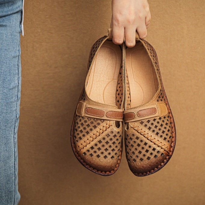 Women's Handmade Retro Leather Loafers Designers Flats Yellow/Green/Beige