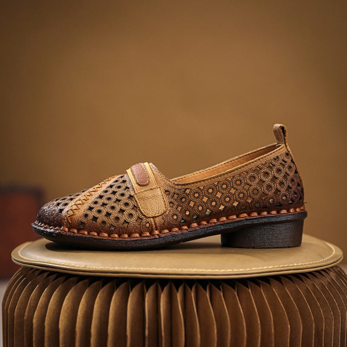 Women's Handmade Retro Leather Loafers Designers Flats Yellow/Green/Beige