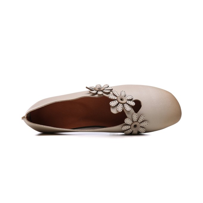 Designer Shoes Genuine Leather Sweet Flowers Slip-on For Women Handmade Flats Brown/Off white