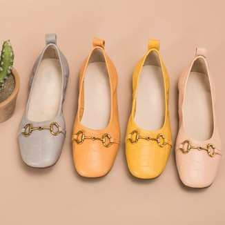 Retro Horsebit-Detailed Leather Loafers for Women Pink/Yellow/Grey/Pumpkin