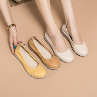 Soft Leather Glove Shoes Slip on Loafers for Women Handmade Beige/Deep Apricot/Yellow