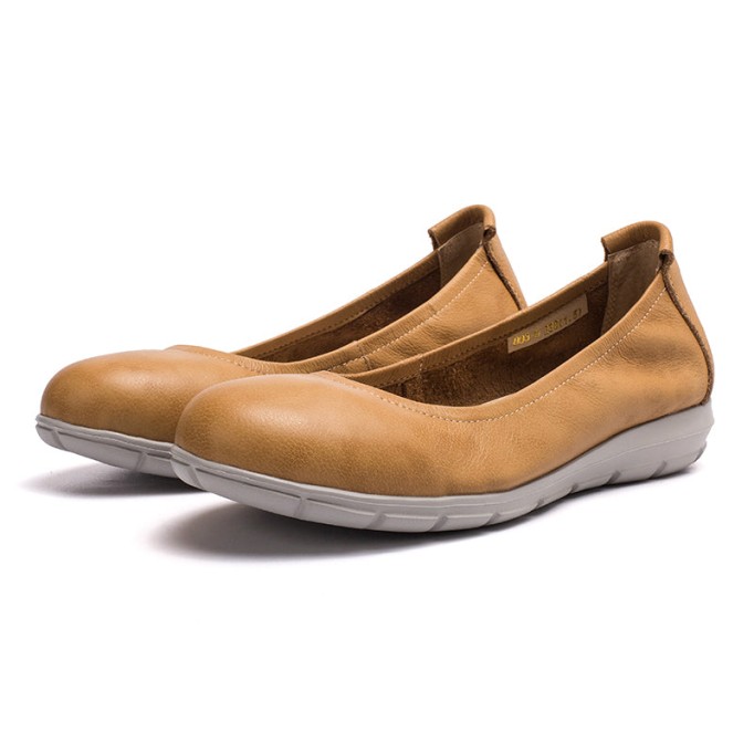 Soft Leather Glove Shoes Slip on Loafers for Women Handmade Beige/Deep Apricot/Yellow