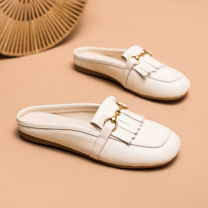 Retro Horsebit-Detailed Leather Loafer Mules for Women Backless Loafers in Black/White