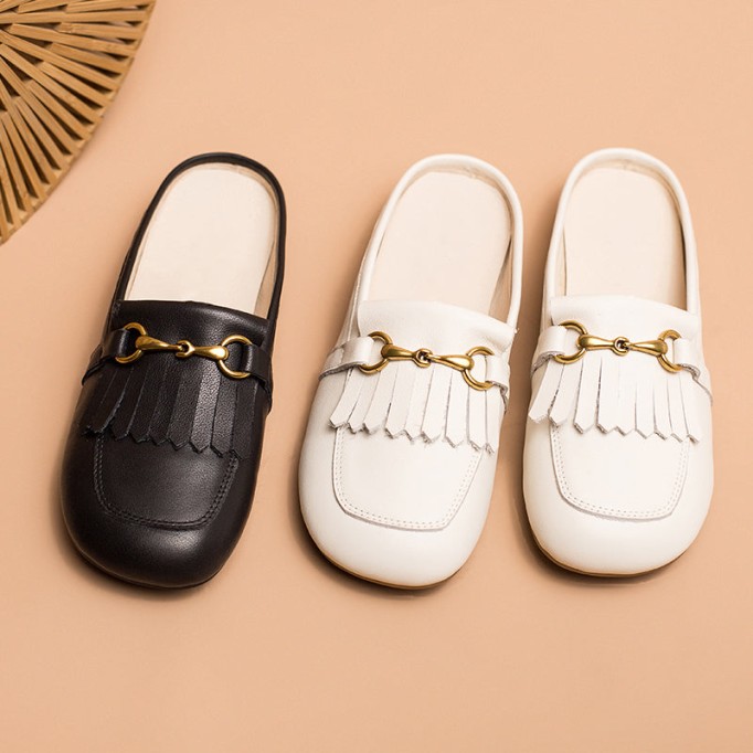 Retro Horsebit-Detailed Leather Loafer Mules for Women Backless Loafers in Black/White