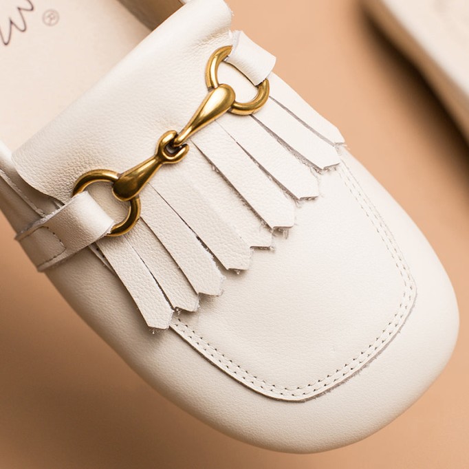 Retro Horsebit-Detailed Leather Loafer Mules for Women Backless Loafers in Black/White