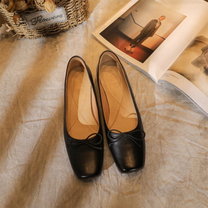 Leather Ballet Flats with Bow For Women in Black/Brown/Apricot