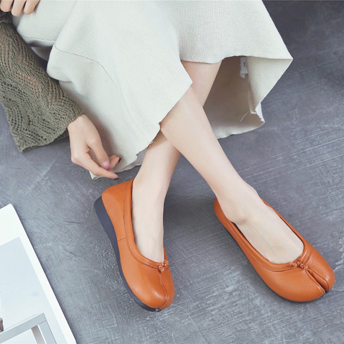 Women'S Calf Leather Casual Flats Sofe Sole Loafers Light Brown/White/Black