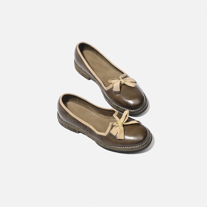 Goodyear Horse Leather Bowknot Flats For Women Leather Sole in Green