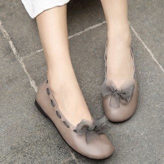 Bow Design Leather Handmade Soft Sandals Slip ons Black/Khaki Fairy Temperament