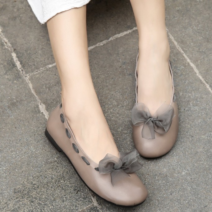 Bow Design Leather Handmade Soft Sandals Slip ons Black/Khaki Fairy Temperament