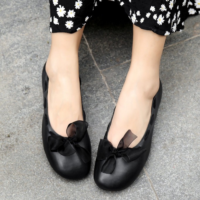 Bow Design Leather Handmade Soft Sandals Slip ons Black/Khaki Fairy Temperament