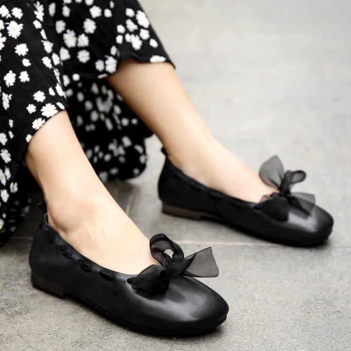 Bow Design Leather Handmade Soft Sandals Slip ons Black/Khaki Fairy Temperament