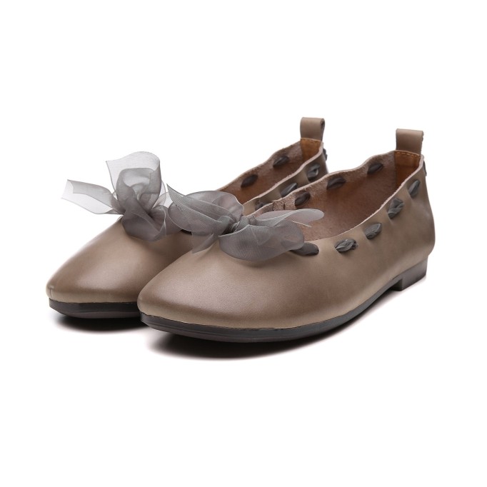 Bow Design Leather Handmade Soft Sandals Slip ons Black/Khaki Fairy Temperament