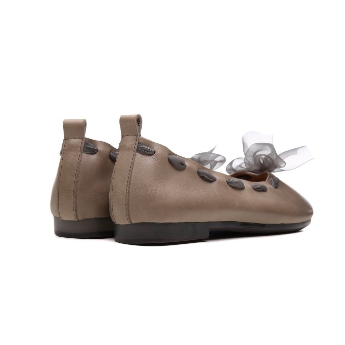 Bow Design Leather Handmade Soft Sandals Slip ons Black/Khaki Fairy Temperament