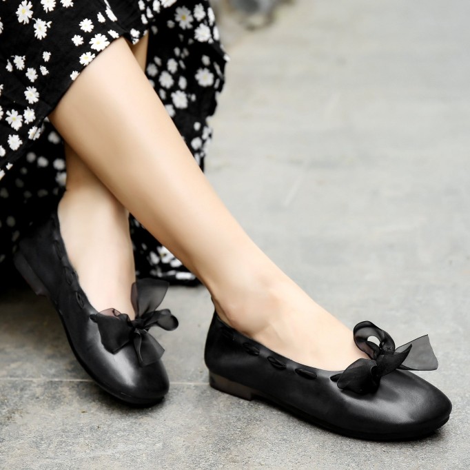 Bow Design Leather Handmade Soft Sandals Slip ons Black/Khaki Fairy Temperament