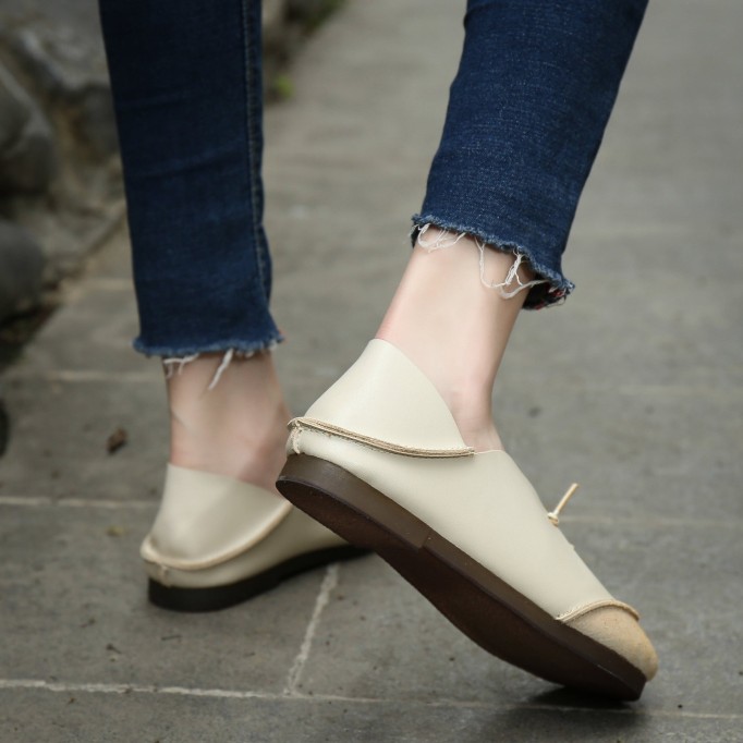 Classic Leather Handmade Sandals Slip ons Off White Loafers Smiling Face Design