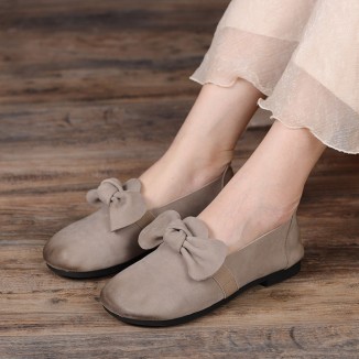 Mary Jane Shoes For Women Leather Handmade Casual Slip On Shoes Flats Coffee/Grey