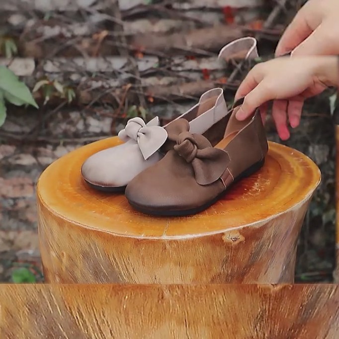 Mary Jane Shoes For Women Leather Handmade Casual Slip On Shoes Flats Coffee/Grey