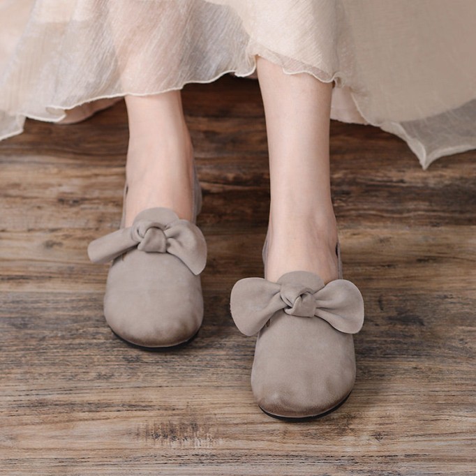 Mary Jane Shoes For Women Leather Handmade Casual Slip On Shoes Flats Coffee/Grey