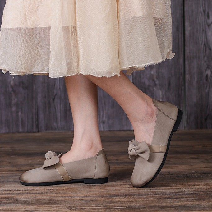 Mary Jane Shoes For Women Leather Handmade Casual Slip On Shoes Flats Coffee/Grey