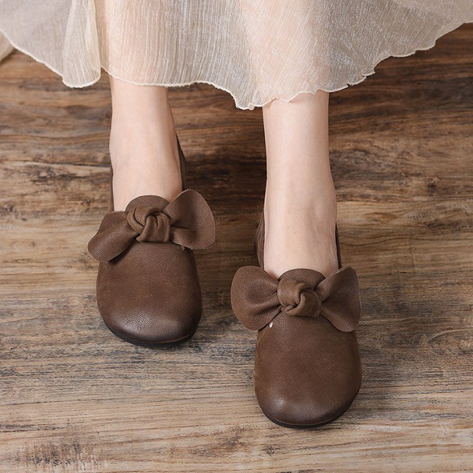 Mary Jane Shoes For Women Leather Handmade Casual Slip On Shoes Flats Coffee/Grey