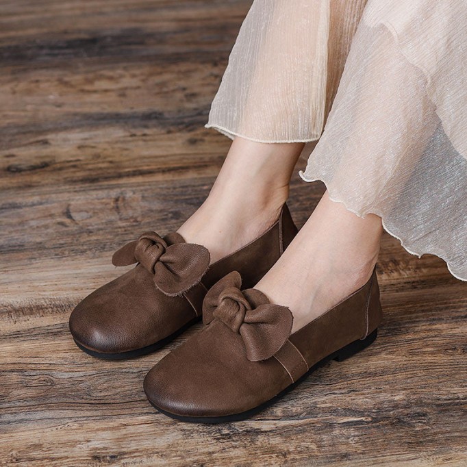 Mary Jane Shoes For Women Leather Handmade Casual Slip On Shoes Flats Coffee/Grey