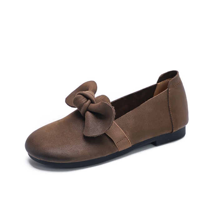 Mary Jane Shoes For Women Leather Handmade Casual Slip On Shoes Flats Coffee/Grey