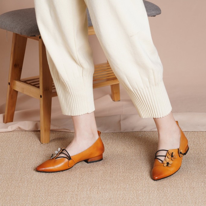 2021 Designer Shoes Genuine Leather Slip-on For Women Handmade Pointed Toe Flats Camel